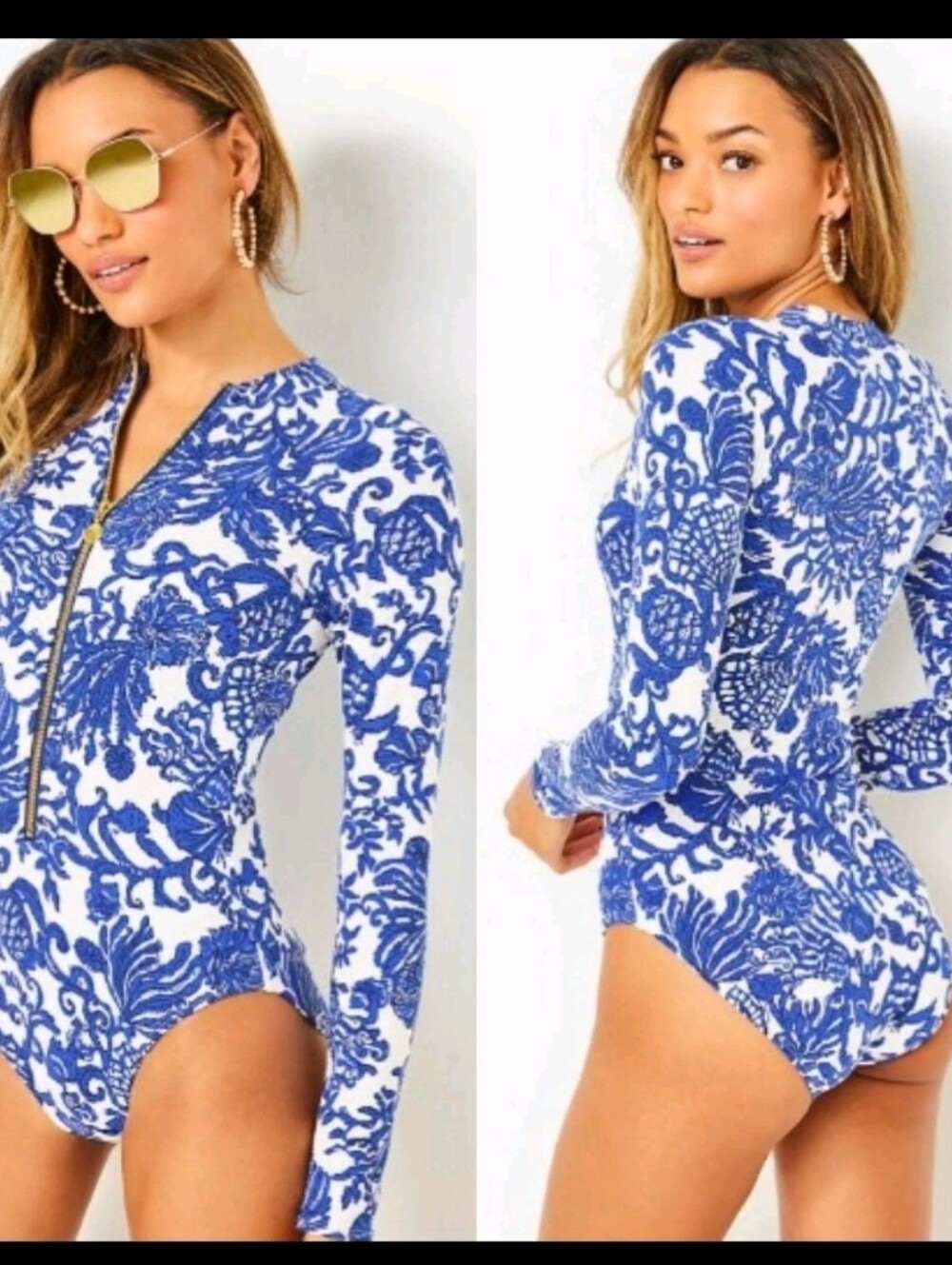 Lilly Pulitzer Long-Sleeve One-Piece Swimsuit in Blue and White